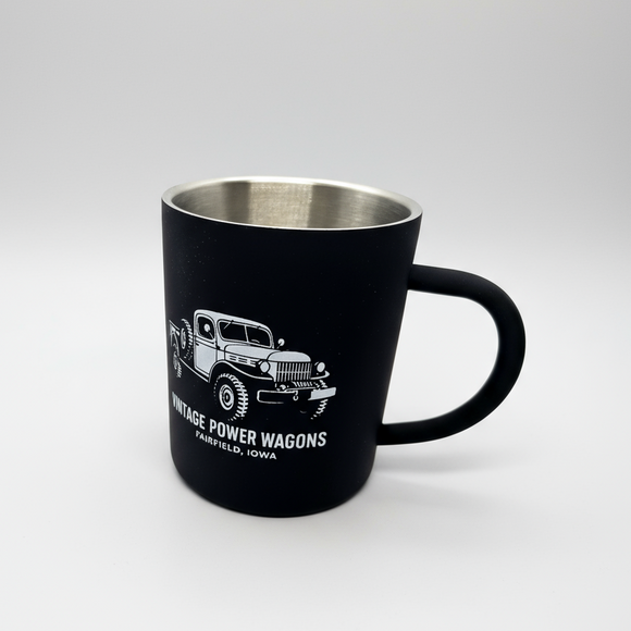 New Vintage Power Wagons Stainless Steel Mug – Black Finish, White Print - 14oz - PWM-2025-BW