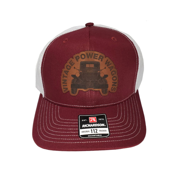 New VPW Logo Red & White Hat with Brown Leather Patch - Adjustable, Mesh Back Trucker Cap - ACC-Logo-Cap-RT-BR