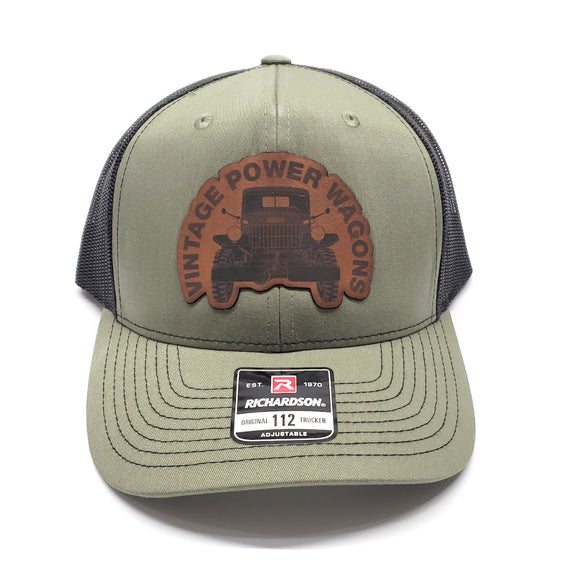 New VPW Logo Green & Black Hat with Brown Leather Patch - Adjustable, Mesh Back Trucker Cap - ACC-Logo-Cap-GB-BR