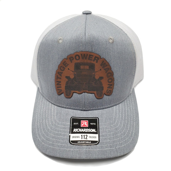 New VPW Logo Gray & White Hat with Brown Leather Patch - Adjustable, Mesh Back Trucker Cap - ACC-Logo-Cap-GW-BR