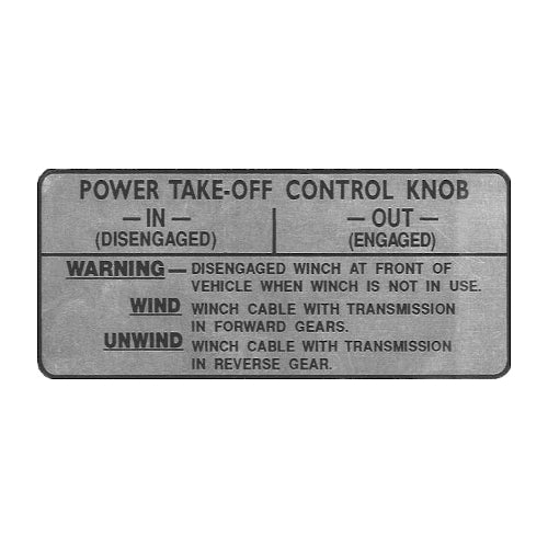 Data Plate #37 - W100/W200/W300 Power Take Off