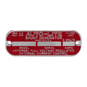 Data Plate #45 - WWII Red 6 Volt Auto-Lite Generator