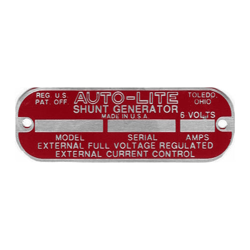 Data Plate #45 - WWII Red 6 Volt Auto-Lite Generator
