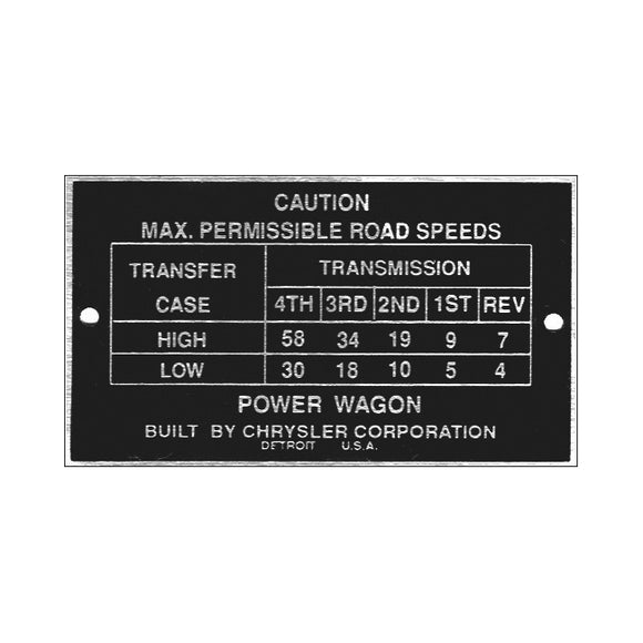 Data Plate #13 - Late Power Wagon Road Speed